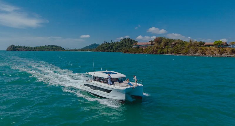 Fountaine Pajot 40ft power catamaran with shaded lounging deck in Thailand