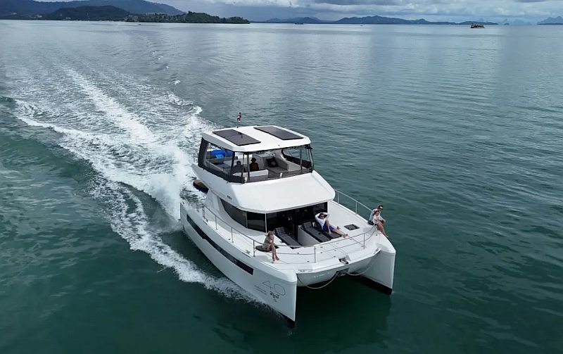 Leopard 40 FT sailing catamaran with shaded flybridge in Thailand