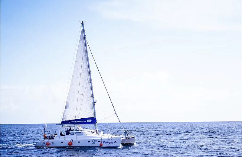 Voyage 500 catamaran sailing the waters around Phuket, Thailand