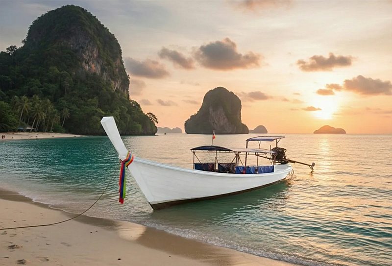 Traditional Thai longtail boat anchored in a hidden lagoon in Phuket, Thailand