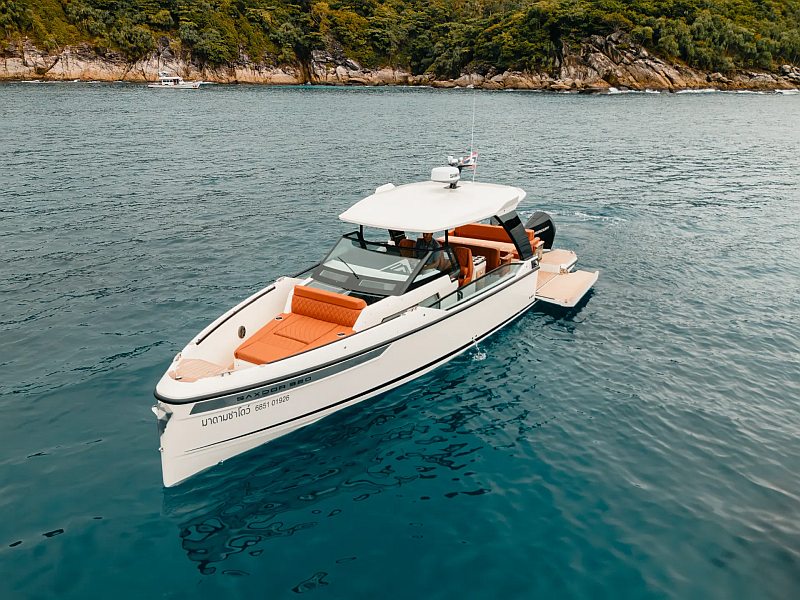 Saxdor 340 GTO Madam Shadow speedboat with extended sun pad in Phuket, Thailand