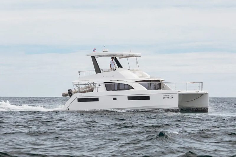 Leopard 43 catamaran with panoramic saloon views cruising Thailand