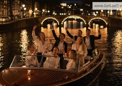 Luxury private boat party in Amsterdam with prosecco, city lights