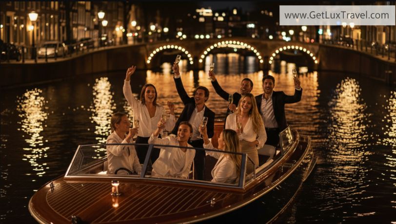 Luxury private boat party in Amsterdam with prosecco, city lights Luxury private boat party in Amsterdam with prosecco, city lights