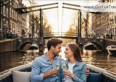 Romantic couple on a cozy Amsterdam canal cruise tour