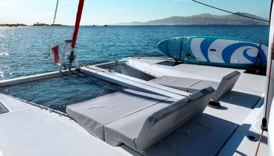 Solar eco catamaran cruising near Ajaccio Corsica